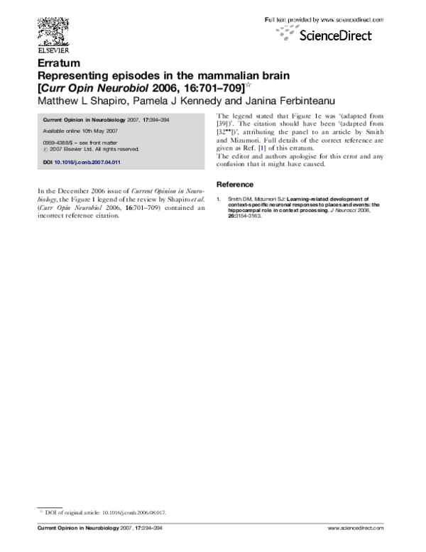 (PDF) Representing episodes in the mammalian brain [Curr Opin Neurobiol ...
