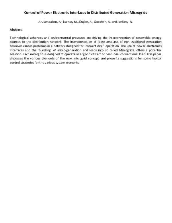 Control of power electronic interfaces in distributed generation microgrids