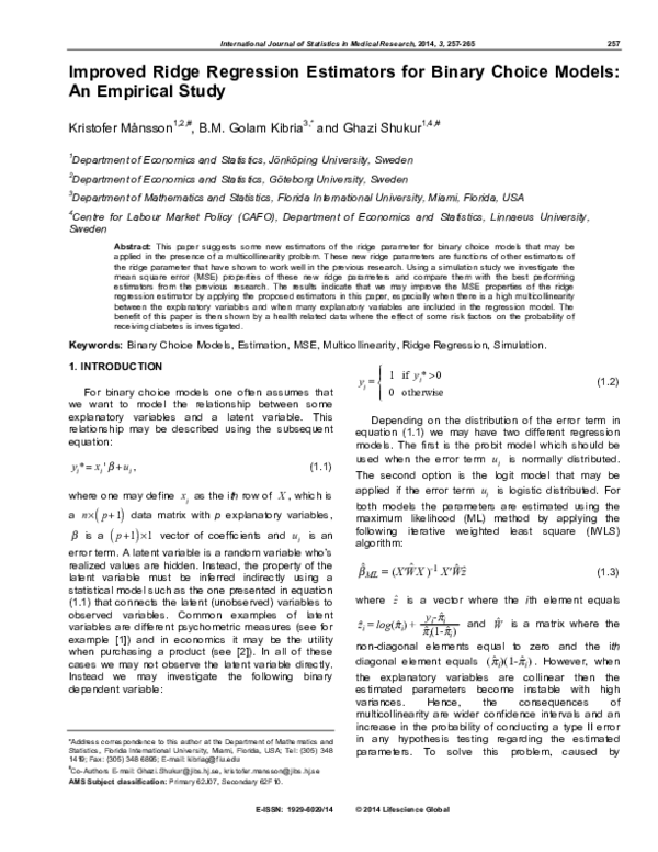 (PDF) Improved Ridge Regression Estimators for Binary Choice Models: An ...