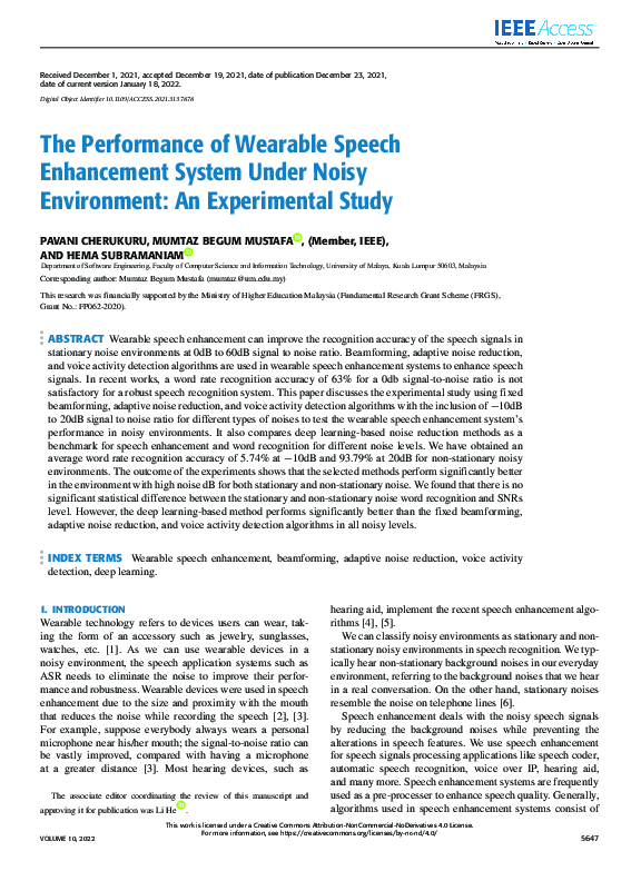 (PDF) The Performance of Wearable Speech Enhancement System Under Noisy ...