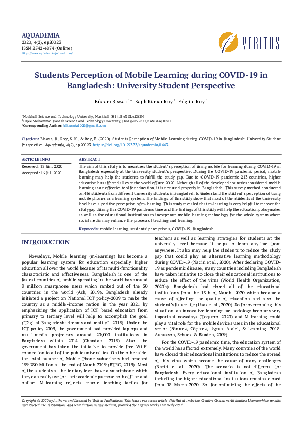 (PDF) Students Perception of Mobile Learning during COVID-19 in ...