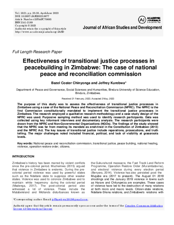 (PDF) Effectiveness of transitional justice processes in peacebuilding ...