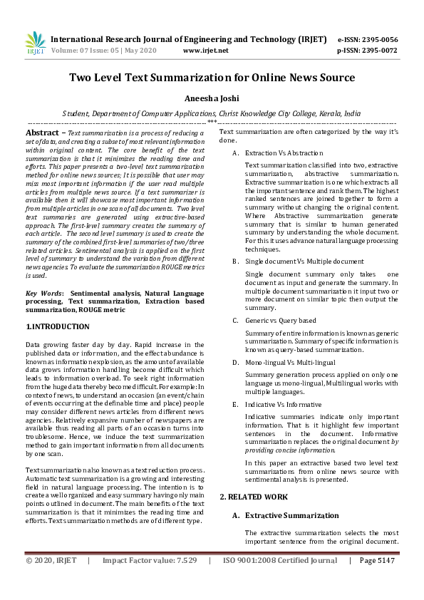 (PDF) Two Level Text Summarization for Online News Source Aneesha