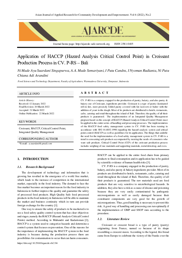 (PDF) The Application of HACCP (Hazard Analysis Critical Control Point ...