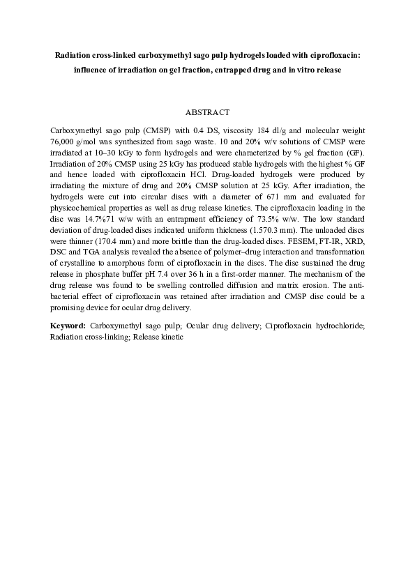 (PDF) Radiation cross-linked carboxymethyl sago pulp hydrogels loaded ...