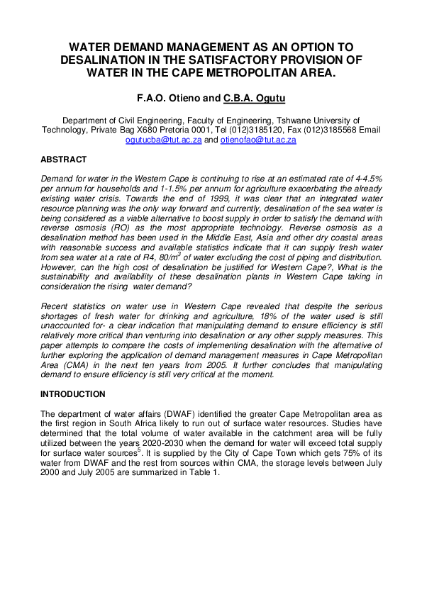 (PDF) Water Demand Management as an Option to Desalination in the ...