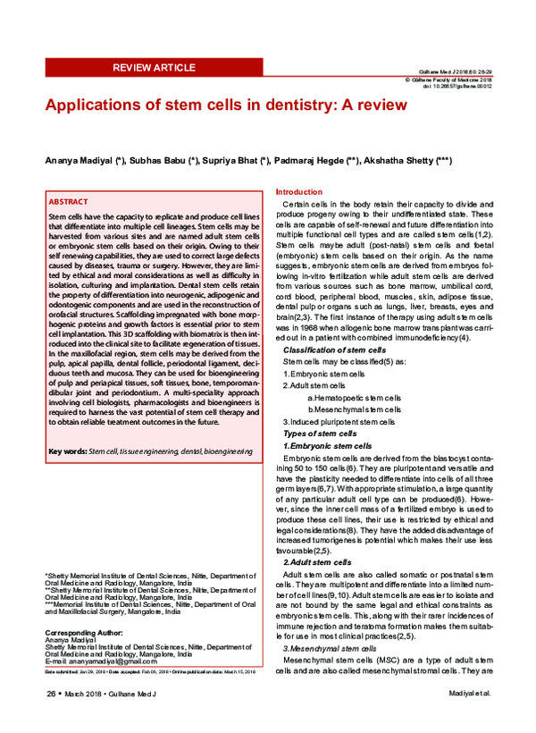 (PDF) Applications of stem cells in dentistry: a review
