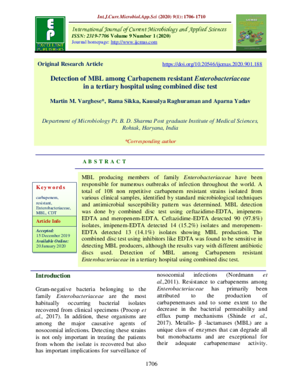 (PDF) Detection of MBL among Carbapenem resistant Enterobacteriaceae in ...