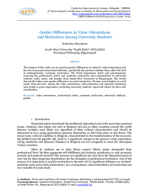 (PDF) Gender differences in value orientations and motivation among ...