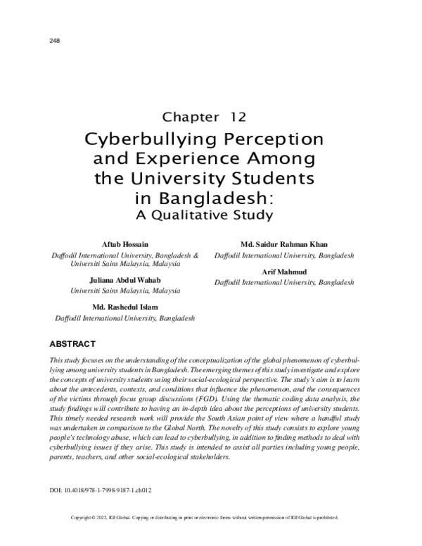 (PDF) Cyberbullying Perception and Experience Among the University ...