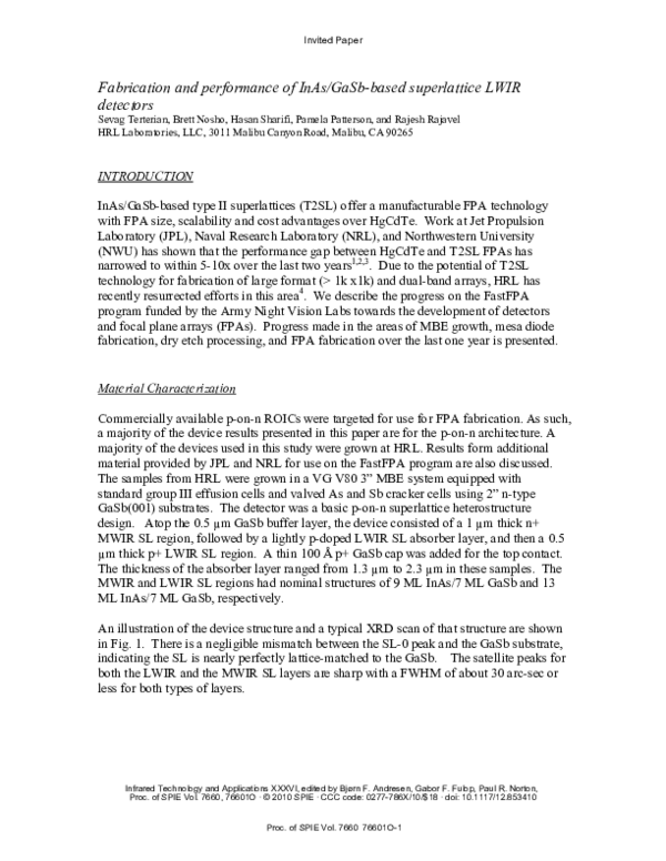 (PDF) Fabrication and performance of InAs/GaSb-based superlattice LWIR ...