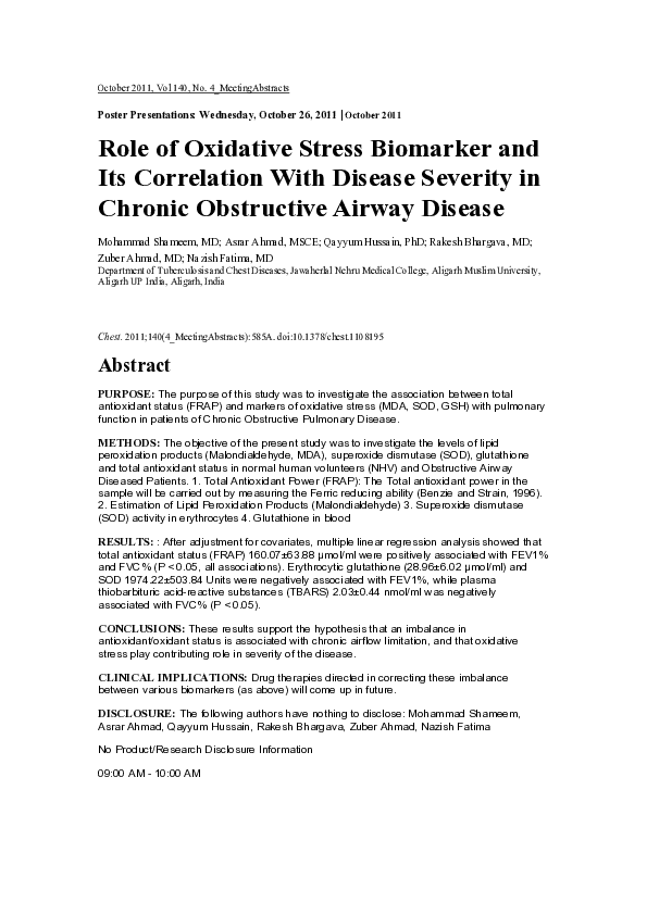 (PDF) Role of Oxidative Stress Biomarker and Its Correlation With ...