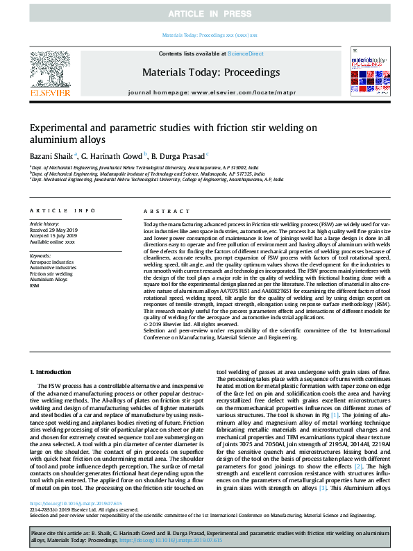 (PDF) Experimental and parametric studies with friction stir welding on ...
