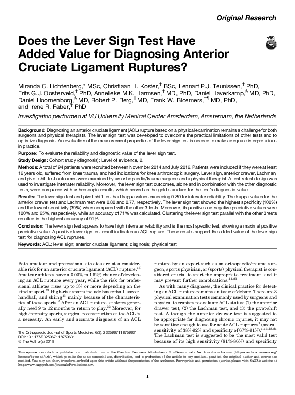 (PDF) Effectiveness of lever sign test for diagnosing anterior cruciate