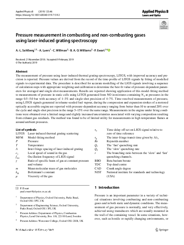 (PDF) Pressure measurement in combusting and non-combusting gases using ...