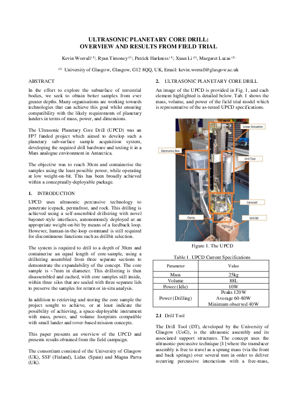 (PDF) Ultrasonic Planetary Core Drill: Overview and Results from Field ...