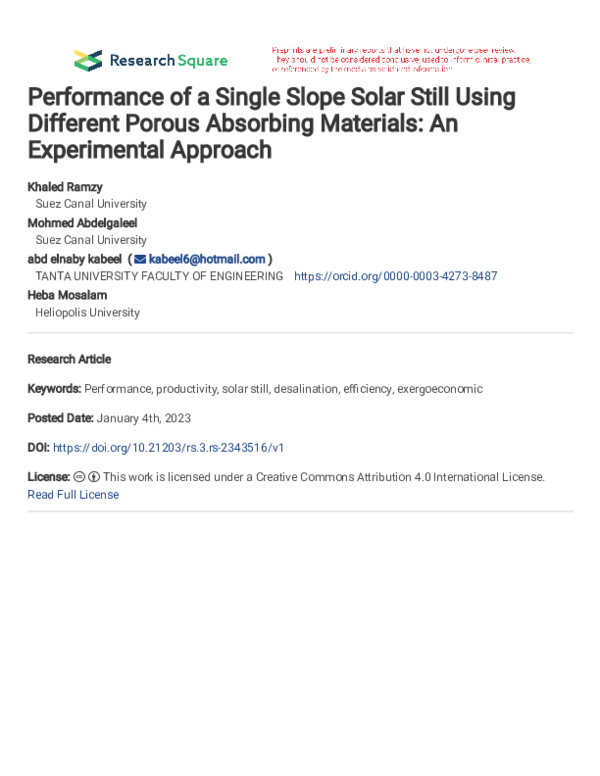 (PDF) Performance of a Single Slope Solar Still Using Different Porous ...
