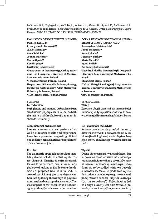 (PDF) Evaluation of Bone Defects in Shoulder Instability
