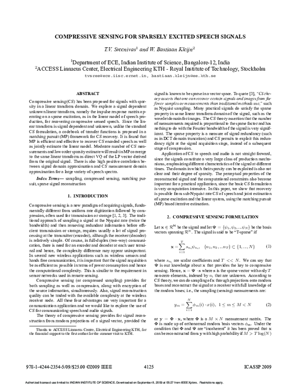 (PDF) Compressive sensing for sparsely excited speech signals