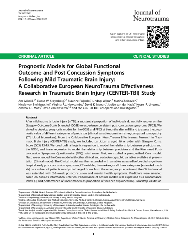 (PDF) Prognostic Models for Global Functional Outcome and Post ...