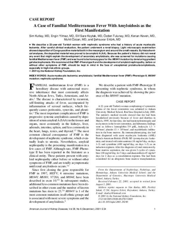 (PDF) A case of familial Mediterranean fever with amyloidosis as the ...