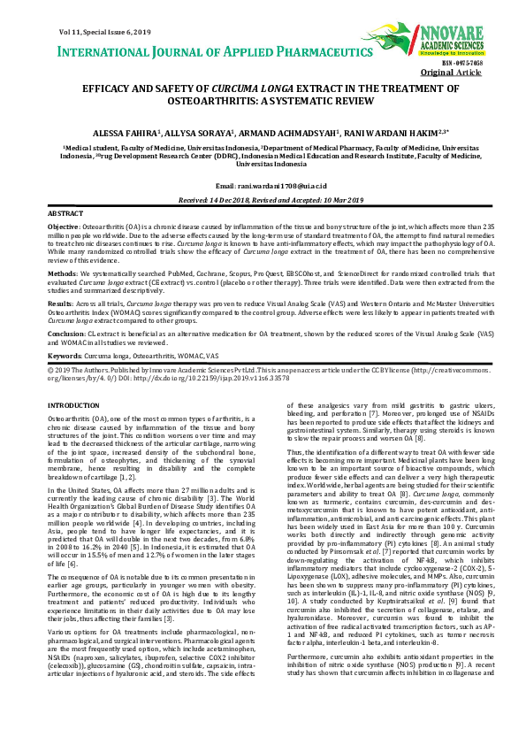 (PDF) EFFICACY AND SAFETY OF CURCUMA LONGA EXTRACT IN THE TREATMENT OF ...