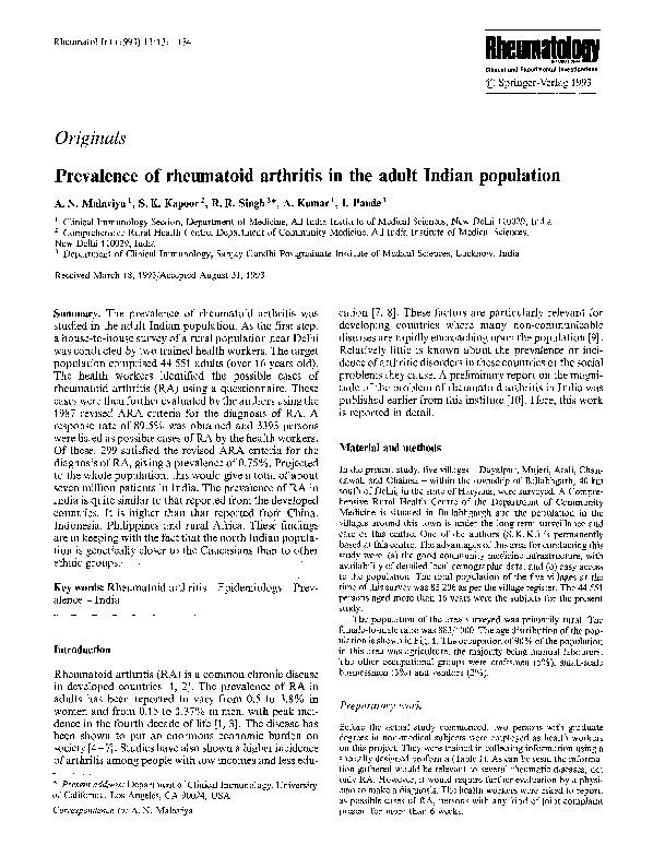 (PDF) Prevalence of rheumatoid arthritis in the adult Indian population