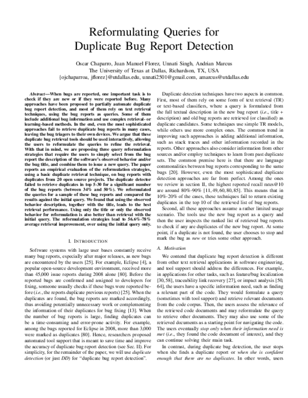 (PDF) Reformulating Queries for Duplicate Bug Report Detection