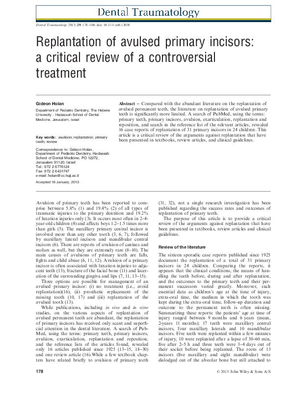 (PDF) Replantation of avulsed primary incisors: a critical review of a ...