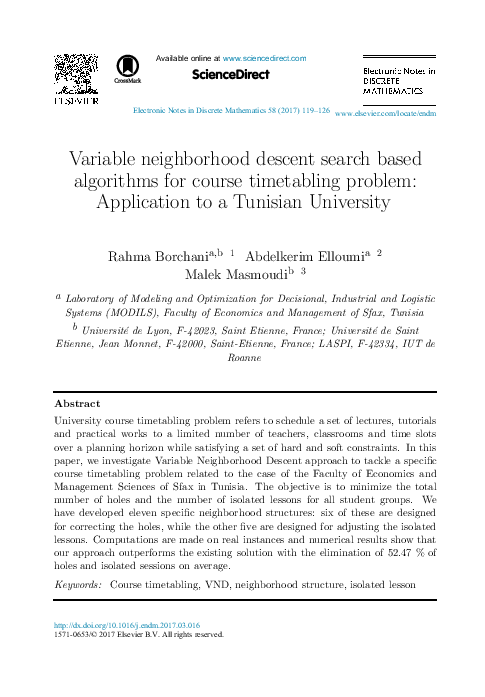 (PDF) Variable neighborhood descent search based algorithms for course ...