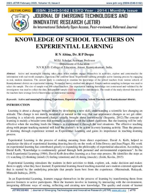(PDF) KNOWLEDGE OF SCHOOL TEACHERS ON EXPERIENTIAL LEARNING