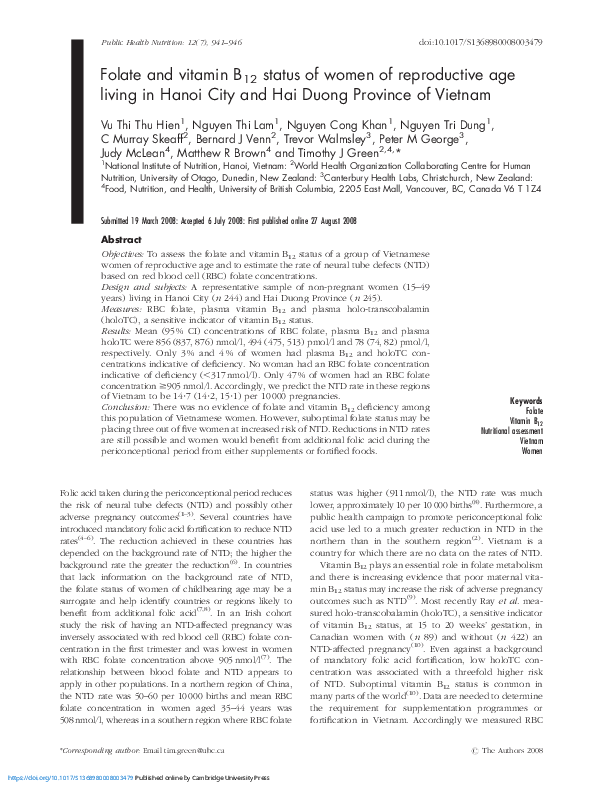 (PDF) Folate and vitamin B12status of women of reproductive age living ...