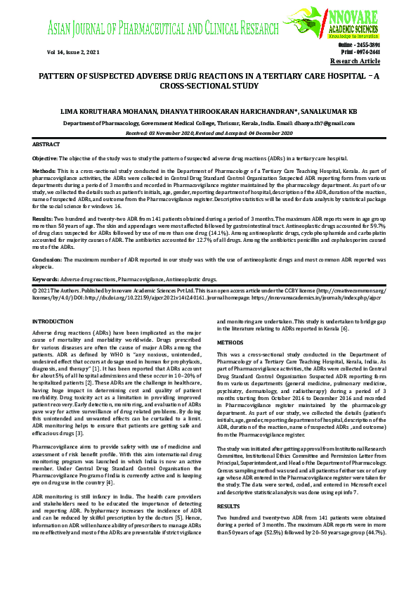 (PDF) PATTERN OF SUSPECTED ADVERSE DRUG REACTIONS IN A TERTIARY CARE ...