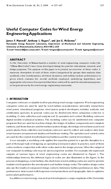 (PDF) Useful Computer Codes for Wind Energy Engineering Applications