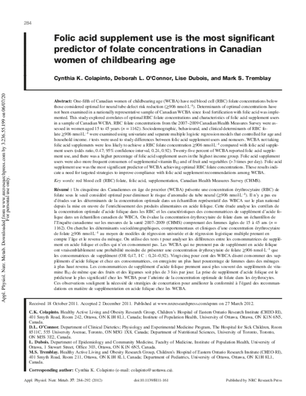 (PDF) Folic acid supplement use is the most significant predictor of ...