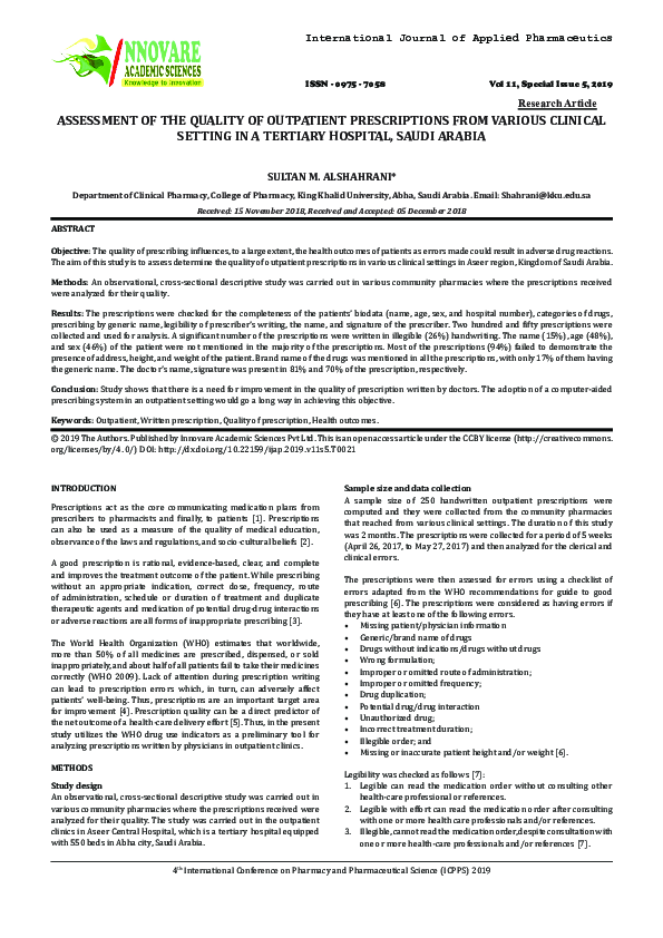 (PDF) ASSESSMENT OF THE QUALITY OF OUTPATIENT PRESCRIPTIONS FROM ...