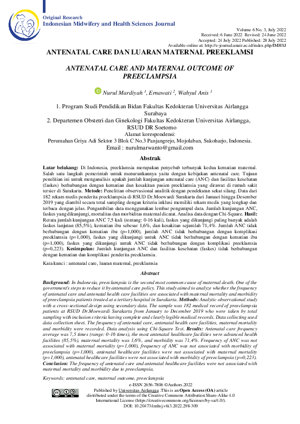 (PDF) Antenatal Care and Maternal Outcome of Preeclampsia