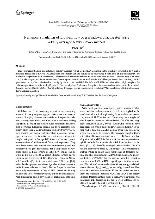 (PDF) Numerical Simulation of a Turbulent Flow Over a Backward Facing ...
