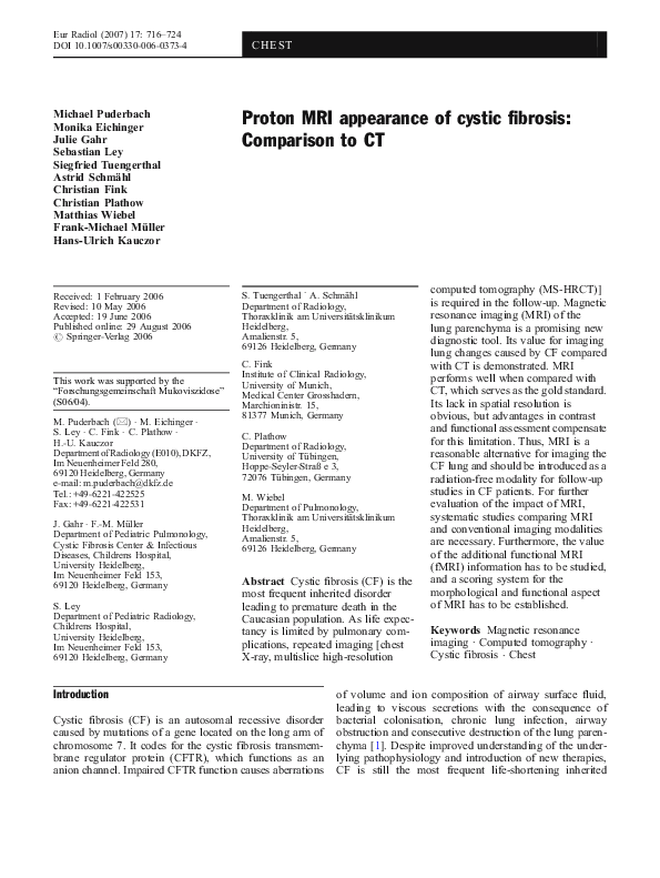 (PDF) Proton MRI appearance of cystic fibrosis: Comparison to CT