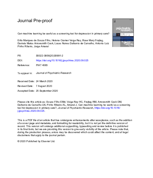 (PDF) Can machine learning be useful as a screening tool for depression ...
