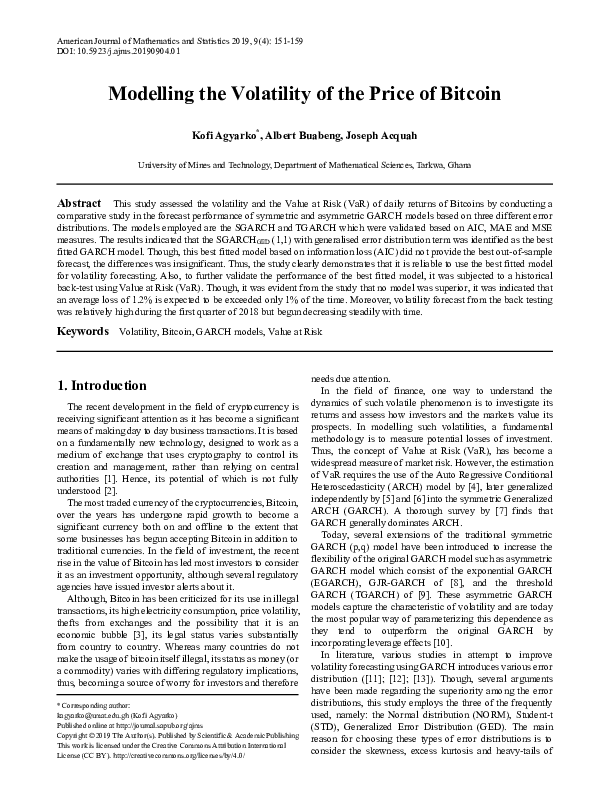 (PDF) Modelling the Volatility of the Price of Bitcoin