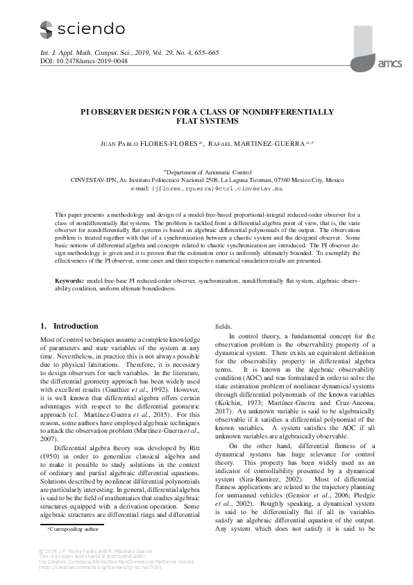 PI Observer Design for a Class of Nondifferentially Flat Systems