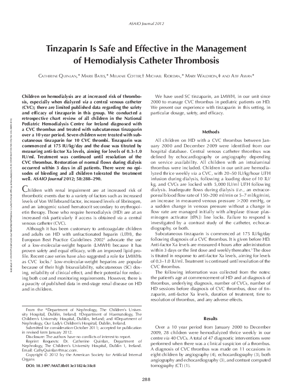 (PDF) Tinzaparin Is Safe and Effective in the Management of Hemodialysis Catheter Thrombosis