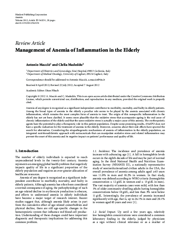 (PDF) Management of Anemia of Inflammation in the Elderly