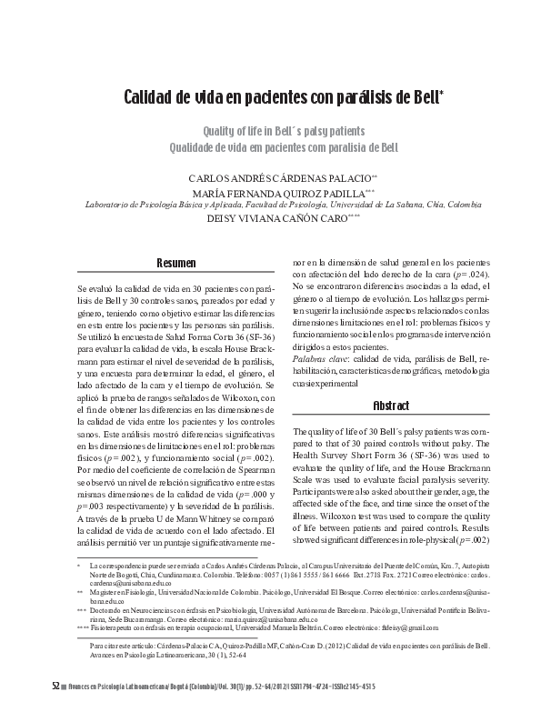 (PDF) Quality of life in Bell´s palsy patients