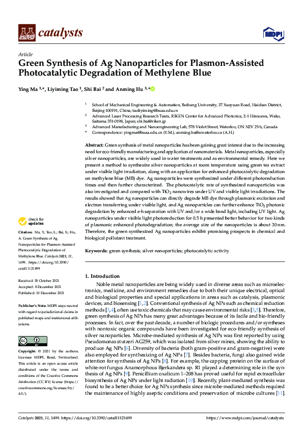 (PDF) Green Synthesis of Ag Nanoparticles for Plasmon-Assisted ...