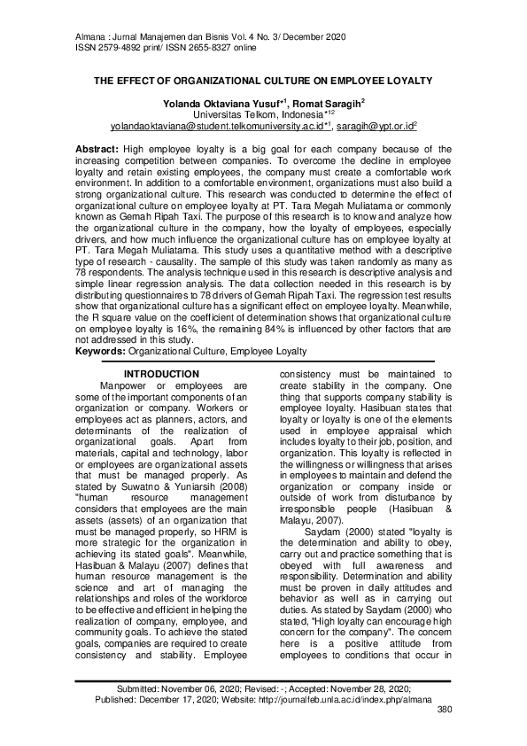 (PDF) The Effect of Organizational Culture on Employee Loyalty