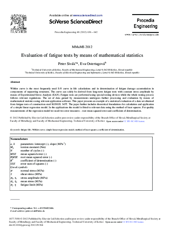(PDF) Evaluation of Fatigue Tests by Means of Mathematical Statistics