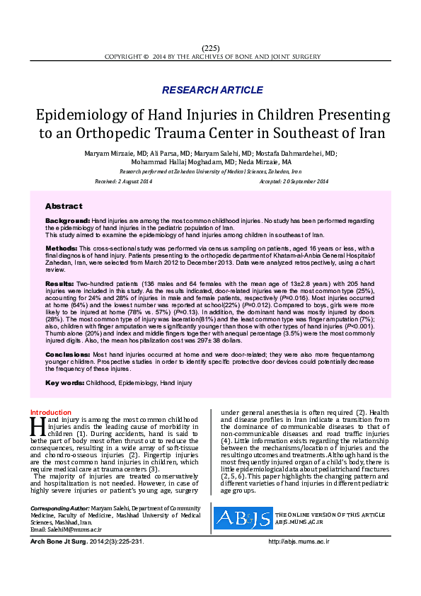 (PDF) Epidemiology of hand injuries in children presenting to an ...