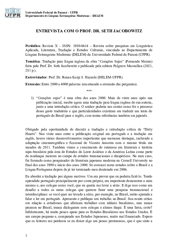 (DOC) Entrevista Seth Jacobowitz x Kenji Renan Hayashi Revista X